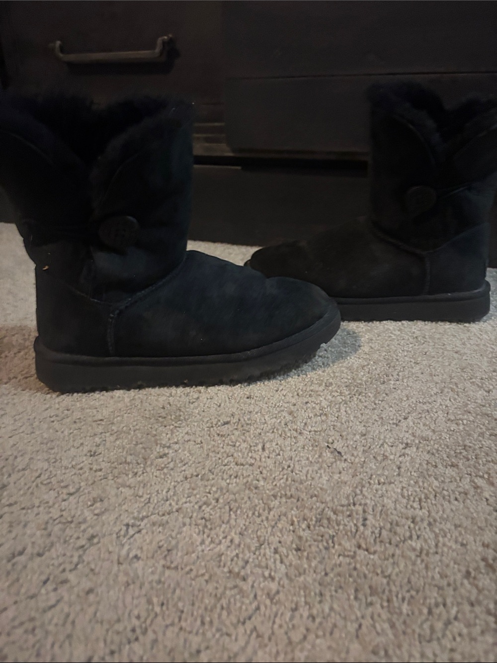 UGG Black Short Button Suede Shearling Slippers
